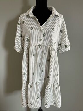 🌿 Cottagecore Embroidered Babydoll Dress Sage Green Medium
